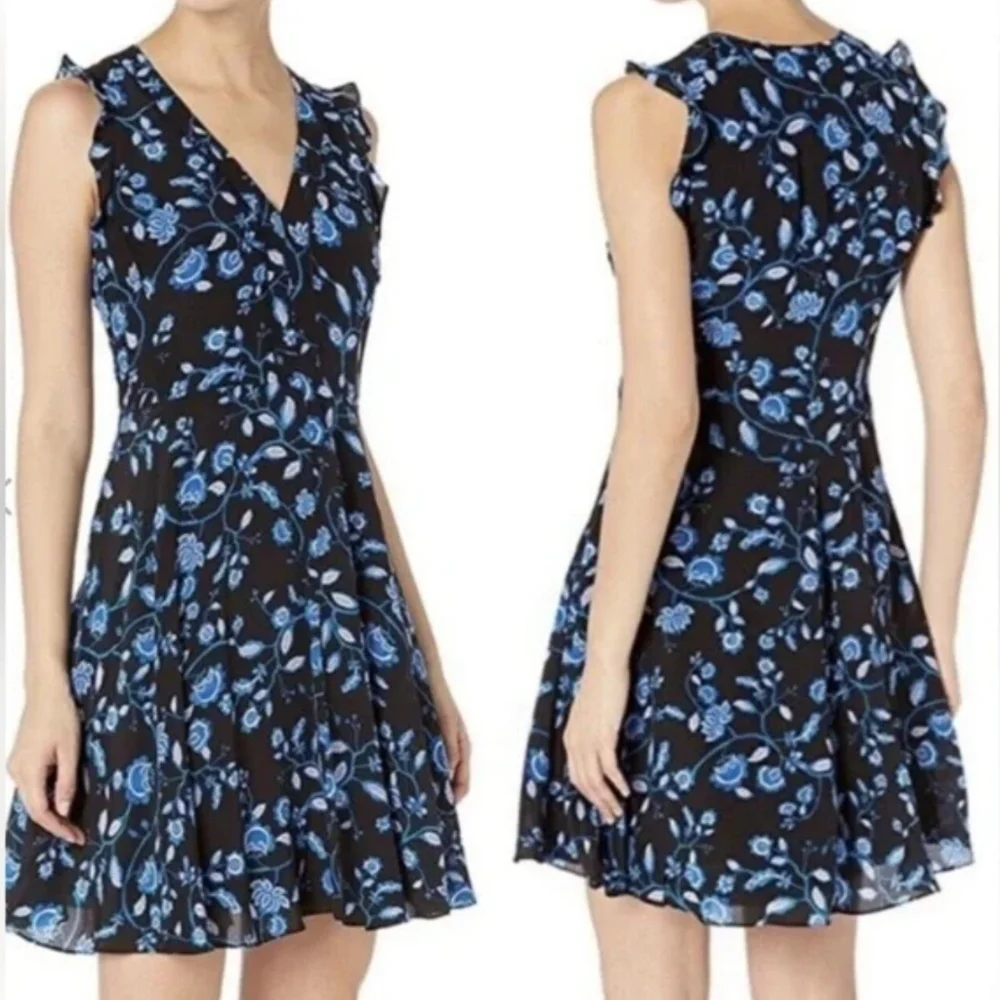 Rebecca Taylor Sleeveless Silk Black and Blue Floral Midi Dress Size 4 - Picture 1 of 8